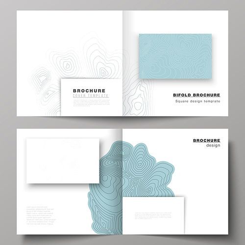 The vector illustration of the editable layout of two covers templates for square design bifold brochure, magazine, flyer, booklet. Topographic contour map, abstract monochrome background