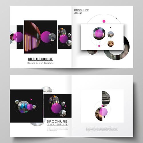 Vector layout of two covers templates for square design bifold brochure, magazine, flyer. Simple design futuristic concept.Creative background with circles and round shapes that form planets and stars.