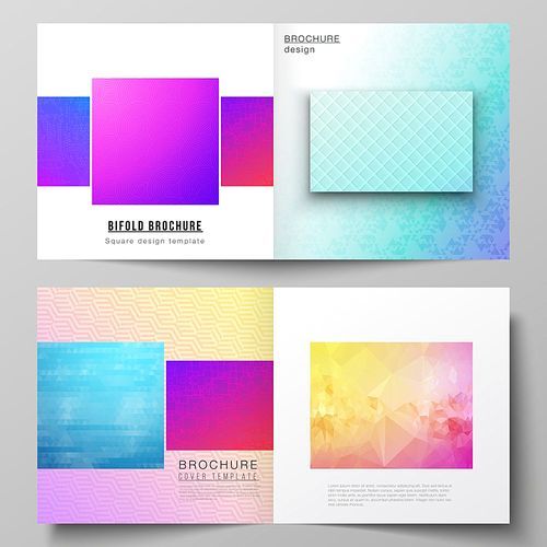 The vector illustration of editable layout of two covers templates for square design bifold brochure, magazine, flyer, booklet. Abstract geometric pattern with colorful gradient business background.