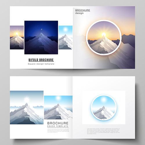 Vector illustration layout of two covers templates for square design bifold brochure, magazine, flyer, booklet. Mountain illustration, outdoor adventure. Travel concept background. Flat design vector