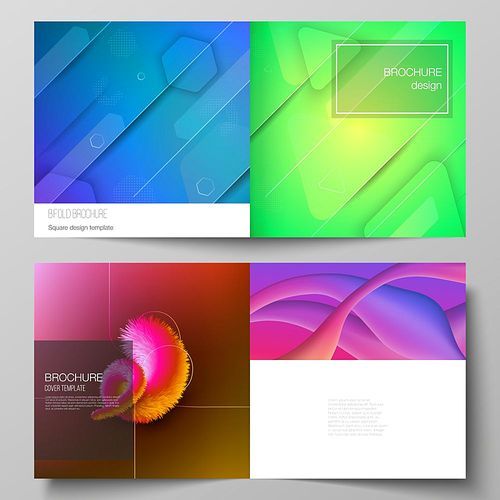 Vector illustration layout of two covers template for square design bifold brochure, magazine, flyer, booklet. Futuristic technology design, colorful backgrounds with fluid gradient shapes composition.