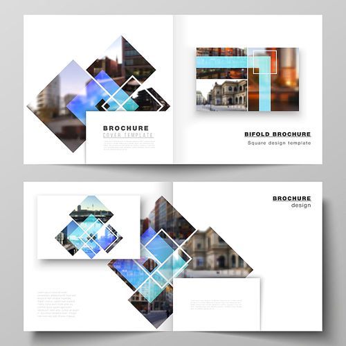 The vector illustration of the editable layout of two covers templates for square design bifold brochure, magazine, flyer, booklet. Creative trendy style mockups, blue color trendy design backgrounds