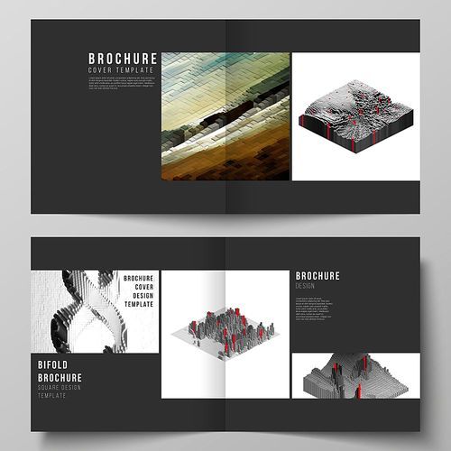 Vector layout of two covers templates for square design bifold brochure, magazine, flyer, booklet. Big data. Dynamic geometric background. Cubes pattern design with motion effect. 3d technology style