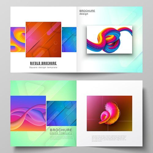 Vector illustration layout of two covers template for square design bifold brochure, magazine, flyer, booklet. Futuristic technology design, colorful backgrounds with fluid gradient shapes composition.