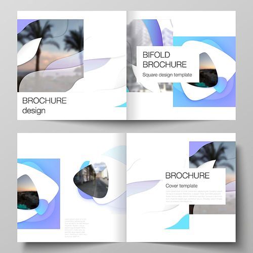 The vector illustration layout of two covers templates for square design bifold brochure, magazine, flyer, booklet. Blue color gradient abstract dynamic shapes, colorful geometric template design