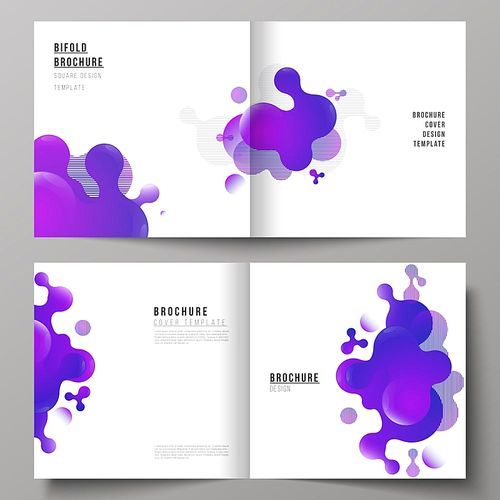 The black colored vector layout of two covers templates for square design bifold brochure, magazine, flyer, booklet. Background with fluid gradient, liquid blue colored geometric element