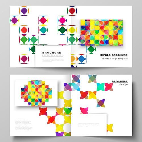 The vector illustration layout of two covers templates for square design bifold brochure, magazine, flyer, booklet. Abstract background, geometric mosaic pattern with bright circles, geometric shapes.
