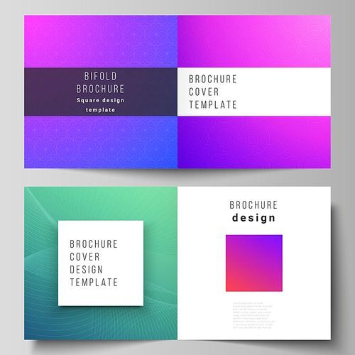 The vector illustration of editable layout of two covers templates for square design bifold brochure, magazine, flyer, booklet. Abstract geometric pattern with colorful gradient business background.