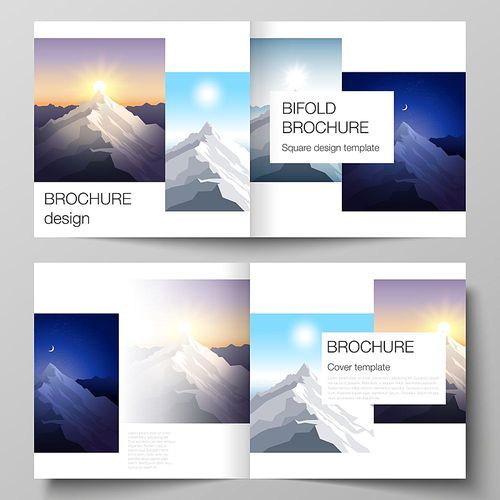 Vector illustration layout of two covers templates for square design bifold brochure, magazine, flyer, booklet. Mountain illustration, outdoor adventure. Travel concept background. Flat design vector