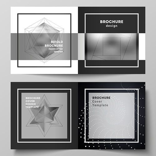 The black colored vector layout of two covers templates for square design bifold brochure, flyer, booklet. 3d polygonal geometric modern design abstract background. Science or technology vector.