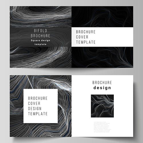 The black colored vector illustration layout of two covers templates for square design bifold brochure, magazine, flyer, booklet. Smooth smoke wave, hi-tech concept black color techno background