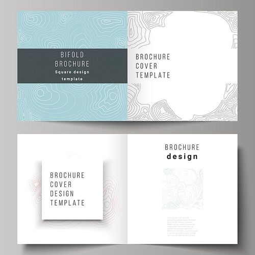 The vector illustration of the editable layout of two covers templates for square design bifold brochure, magazine, flyer, booklet. Topographic contour map, abstract monochrome background