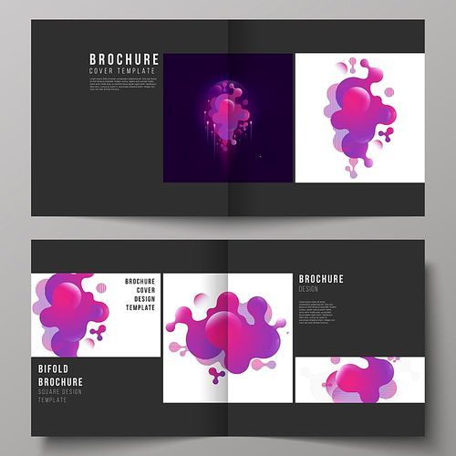 The black colored vector layout of two covers templates for square design bifold brochure, magazine, flyer, booklet. Black background with fluid gradient, liquid pink colored geometric element