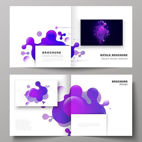 The black colored vector layout of two covers templates for square design bifold brochure, magazine, flyer, booklet. Background with fluid gradient, liquid blue colored geometric element