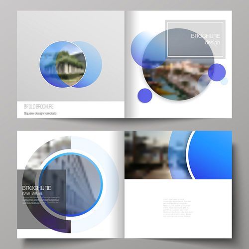 The vector illustration of the editable layout of two covers templates for square design bifold brochure, magazine, flyer, booklet. Creative modern blue background with circles and round shapes