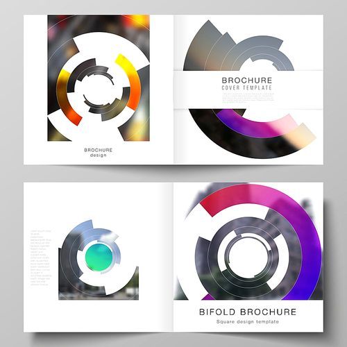 the vector layout of two covers templates for square design bifold brochure, magazine, flyer, booklet. futuristic design circular pattern, circle  forming geometric frame for photo