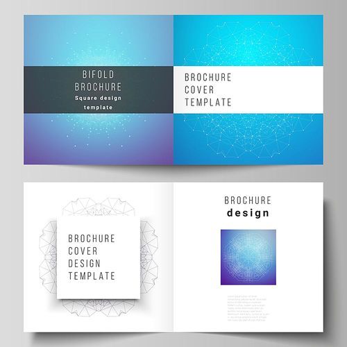 The vector editable layout of two covers templates for square design bifold brochure, magazine, flyer, booklet. Big Data Visualization, geometric communication background with connected lines and dots