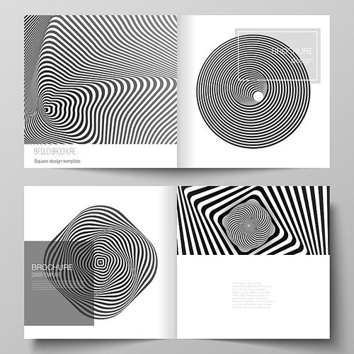 The vector layout of two covers templates for square design bifold brochure, magazine, flyer, booklet. Abstract 3D geometrical background with optical illusion black and white design pattern