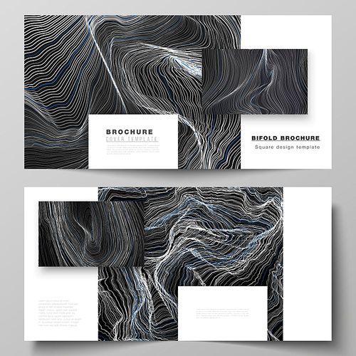 The black colored vector illustration layout of two covers templates for square design bifold brochure, magazine, flyer, booklet. Smooth smoke wave, hi-tech concept black color techno background