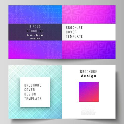 The vector illustration of editable layout of two covers templates for square design bifold brochure, magazine, flyer, booklet. Abstract geometric pattern with colorful gradient business background.