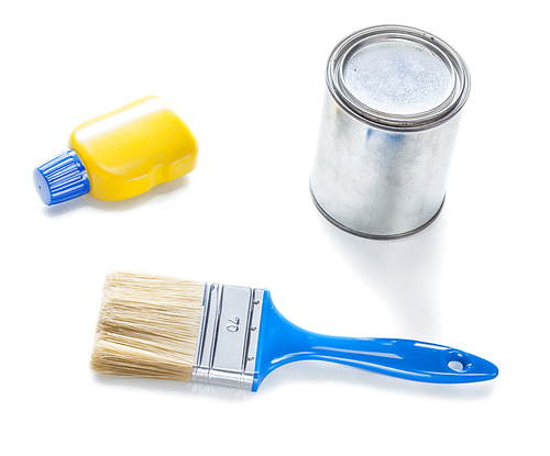 blue paintbrush with jars of paint isolated on white