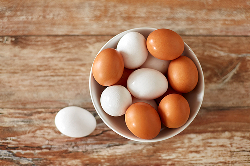 food, culinary and cooking concept - close up of natural chicken eggs in ceramic bowl on wooden table