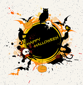 Halloween vector background with black cat, ghost and pumpkins. Grunge round banner for Halloween party