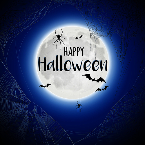 Happy halloween beautiful black blue background poster with flying bats and spiders hanging from cobwebs vector illustration