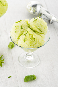 Close up of melon flavored ice-cream with mint and melon on a white table.