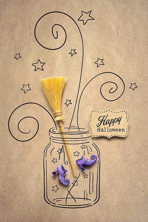 Creative halloween concept photo of witches shoes and broom in a bottle made of paper on brown background.