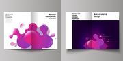 The vector layout of two A4 format modern cover mockups design templates for bifold brochure, flyer, booklet, annual report. Black background with fluid gradient, liquid pink colored geometric element