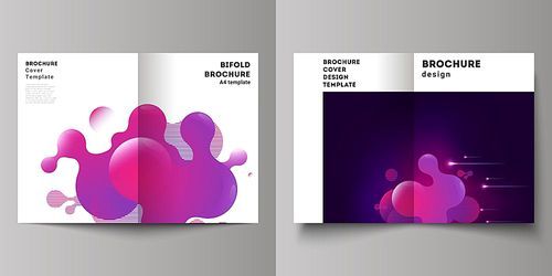 The vector layout of two A4 format modern cover mockups design templates for bifold brochure, flyer, booklet, annual report. Black background with fluid gradient, liquid pink colored geometric element