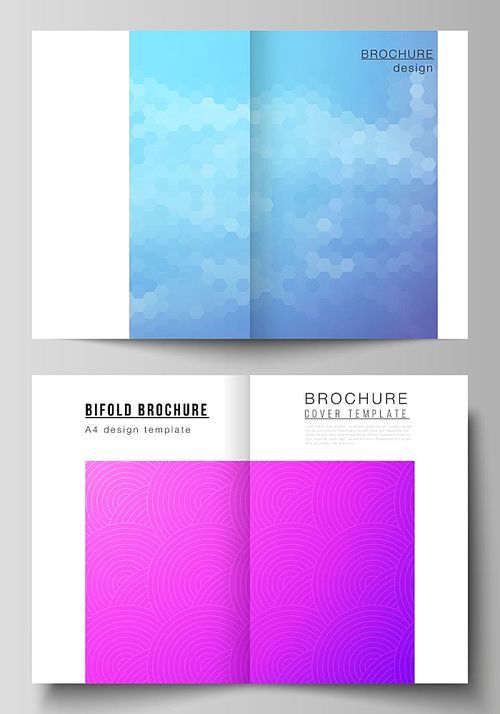 Vector layout of two A4 format modern cover mockups design templates for bifold brochure, magazine, flyer, booklet, annual report. Abstract geometric pattern with colorful gradient business background.