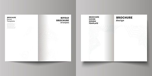 The vector layout of two A4 format modern cover mockups design templates for bifold brochure, magazine, flyer, booklet, annual report. Topographic contour map, abstract monochrome background