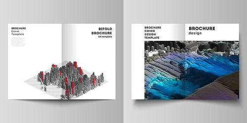 Vector layout of two A4 format modern cover mockups design templates for bifold brochure, flyer, annual report. Big data. Dynamic geometric background. Cubes pattern design, motion effect. 3d style