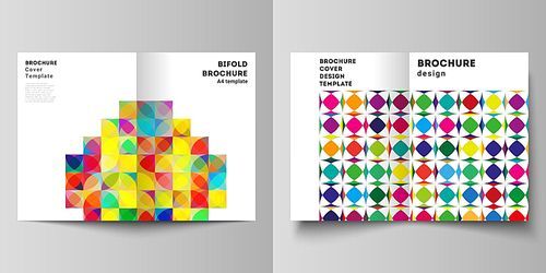 Vector layout of two A4 format modern cover mockups design templates for bifold brochure, flyer, booklet, report. Abstract background, geometric mosaic pattern with bright circles, geometric shapes