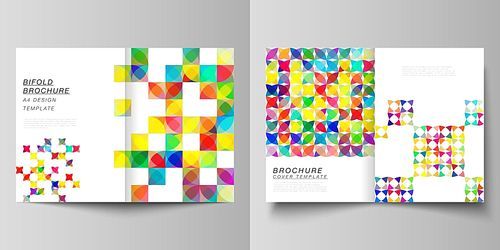 Vector layout of two A4 format modern cover mockups design templates for bifold brochure, flyer, booklet, report. Abstract background, geometric mosaic pattern with bright circles, geometric shapes