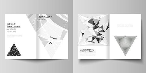 Vector layout of two A4 format modern cover mockups design templates for bifold brochure, magazine, flyer, booklet. Abstract geometric triangle design background using triangular style patterns