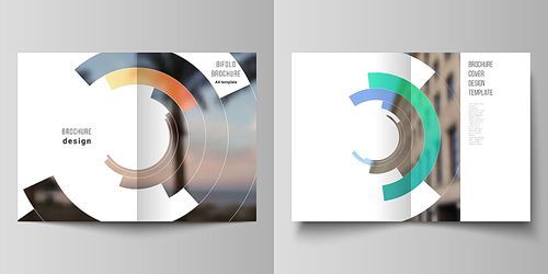 vector layout of two a4 format modern cover mockups design templates for bifold brochure, flyer, booklet, report. futuristic design circular pattern, circle  forming geometric frame for photo