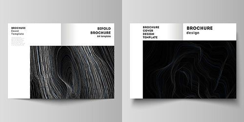 The vector layout of two A4 format modern cover mockups design templates for bifold brochure, magazine, flyer, booklet, annual report. Smooth smoke wave, hi-tech concept black color techno background
