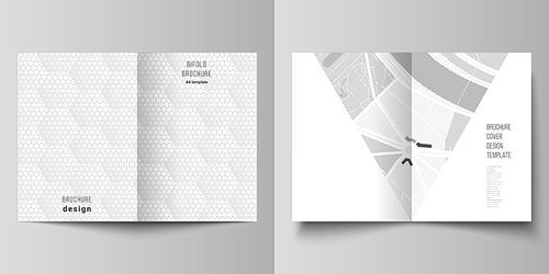 Vector layout of two A4 format modern cover mockups design templates for bifold brochure, magazine, flyer, booklet. Abstract geometric triangle design background using triangular style patterns