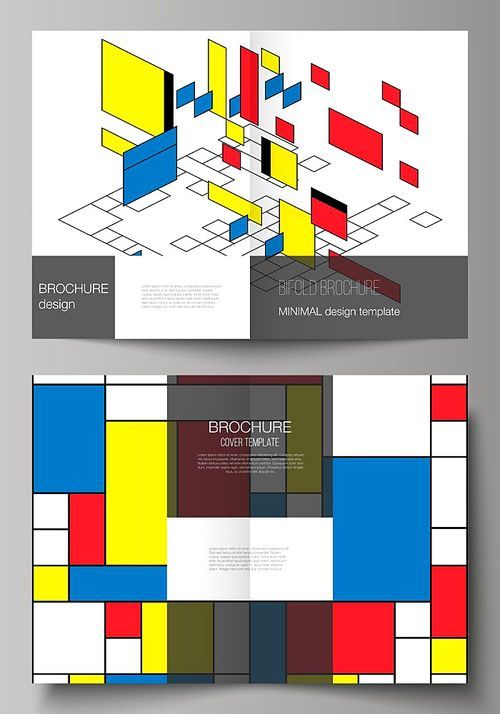 The vector layout of two A4 format modern cover mockups design templates for bifold brochure, magazine, flyer. Abstract polygonal background, colorful mosaic pattern, retro bauhaus de stijl design