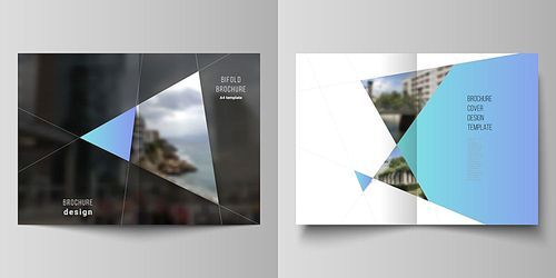 Vector layout of two A4 format modern cover mockups design templates for bifold brochure, magazine, flyer, booklet. Creative modern background with blue triangles and triangular shapes. Simple design.