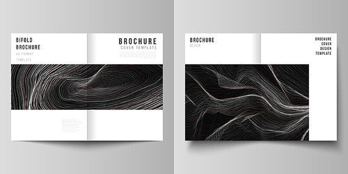 The vector layout of two A4 format modern cover mockups design templates for bifold brochure, magazine, flyer, booklet, annual report. 3D grid surface, wavy vector background with ripple effect