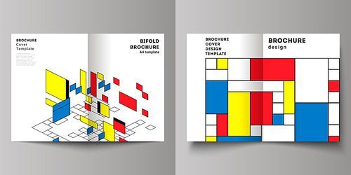 The vector layout of two A4 format modern cover mockups design templates for bifold brochure, magazine, flyer. Abstract polygonal background, colorful mosaic pattern, retro bauhaus de stijl design