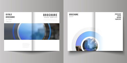The vector layout of two A4 format modern cover mockups design templates for bifold brochure, magazine, flyer, booklet, annual report. Creative modern blue background with circles and round shapes