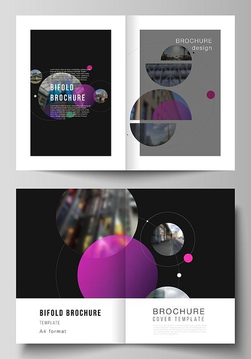 Vector layout of two A4 format modern cover mockups design templates for bifold brochure, flyer, booklet. Simple design futuristic concept. Creative background with circles that form planets and stars.