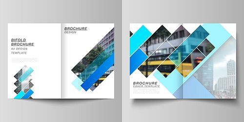 Vector layout of two A4 format modern cover mockups design templates for bifold brochure, magazine, flyer, booklet, report. Abstract geometric pattern creative modern blue background with rectangles