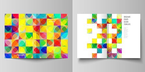 Vector layout of two A4 format modern cover mockups design templates for bifold brochure, flyer, booklet, report. Abstract background, geometric mosaic pattern with bright circles, geometric shapes