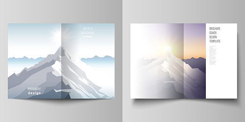 Vector layout of two A4 format modern cover mockups design templates for bifold brochure, magazine, flyer. Mountain illustration, outdoor adventure. Travel concept background. Flat design vector